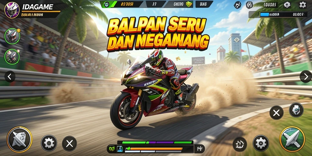 Screenshot dari gameplay seru IDAGAME dengan aksi balapan mendebarkan.