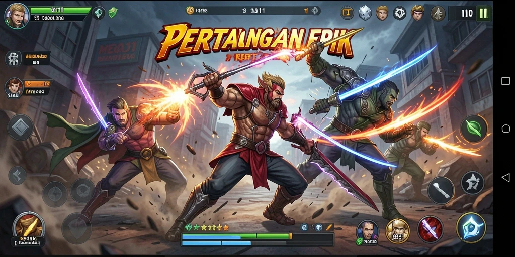 Tampilan seru dengan karakter bertarung di arena.