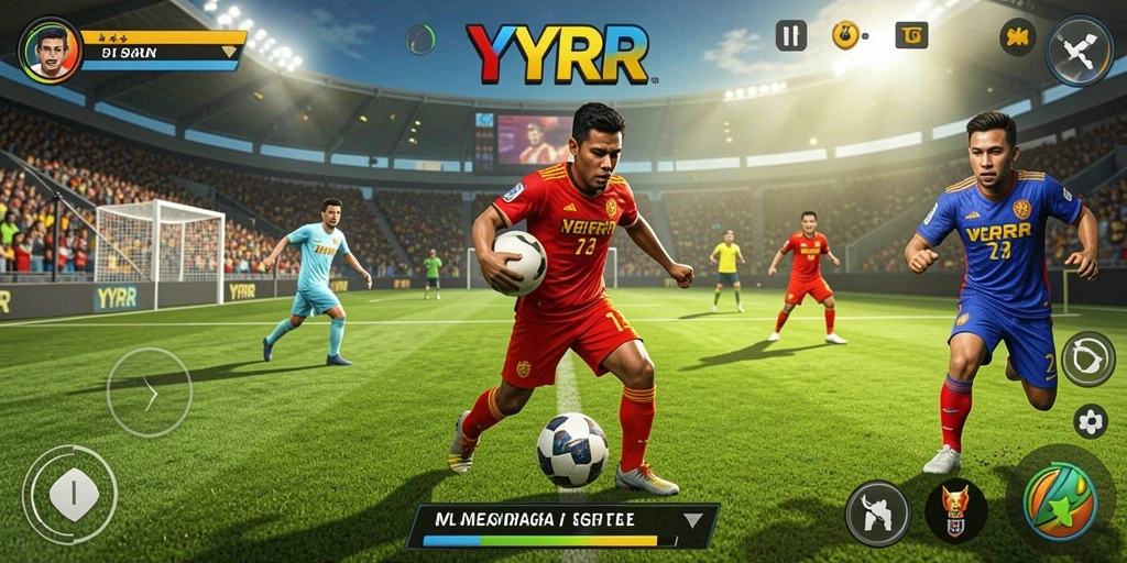 Screenshot YYRR menunjukkan aksi mendebarkan dalam permainan olahraga di arena.